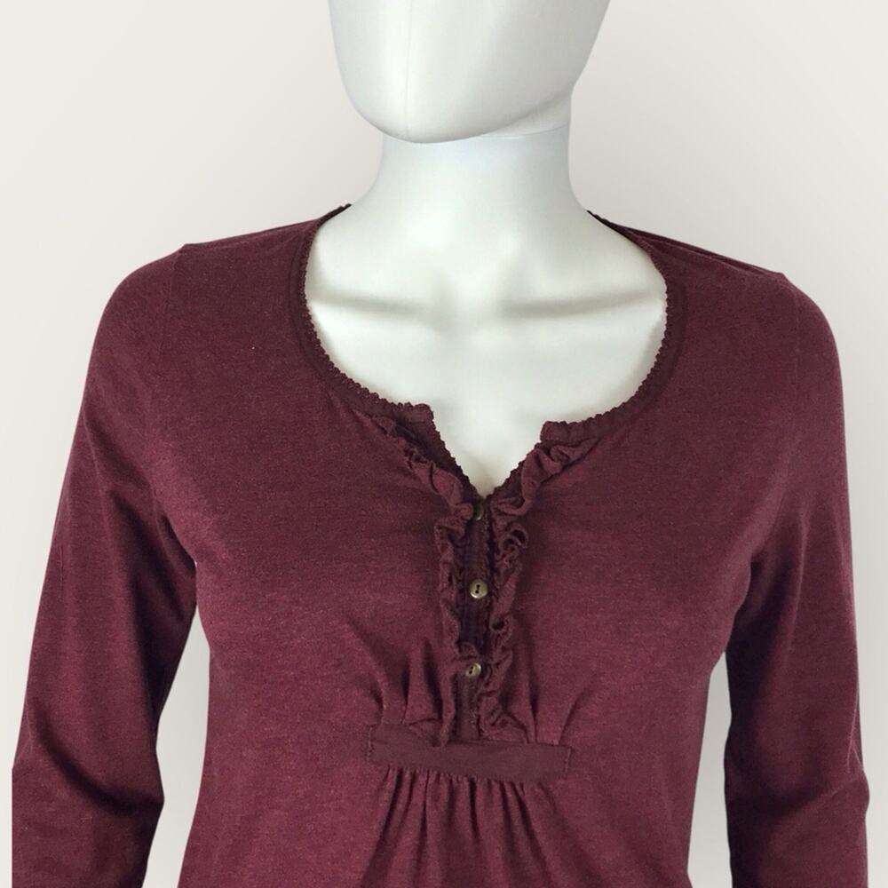 Eddie Bauer Tee Shirt Burgundy 100% Cotton Long Sleeve V-neck Top - Picture 2 of 6